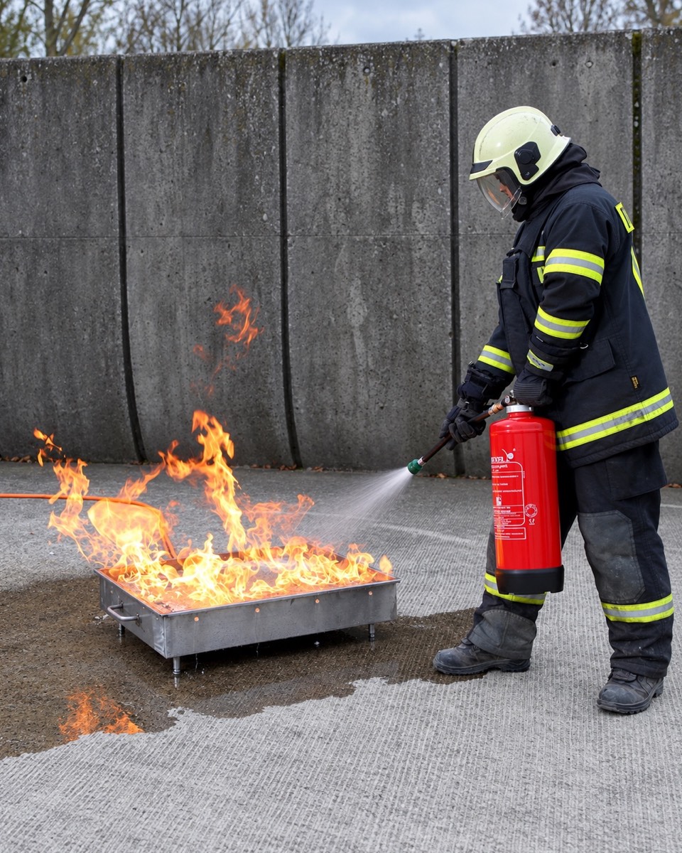 Praktische Löschübung mit Feuerlöscher und Firetrainer